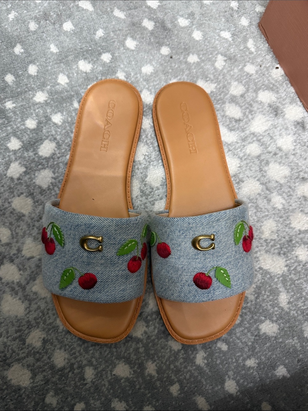 Coach Denim Cherry Slide Sandals - Light Blue & Tan
